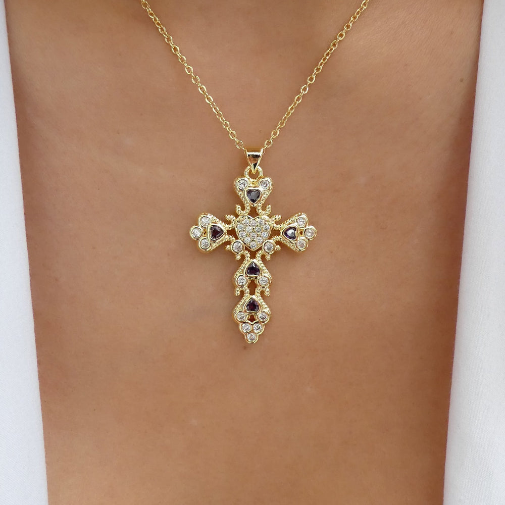 Crystal Heart Cross Necklace (Purple)