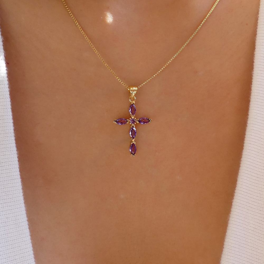 Small Crystal Jaelyn Cross Necklace (Purple)