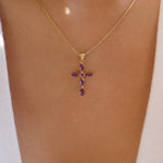 Small Crystal Jaelyn Cross Necklace (Purple)