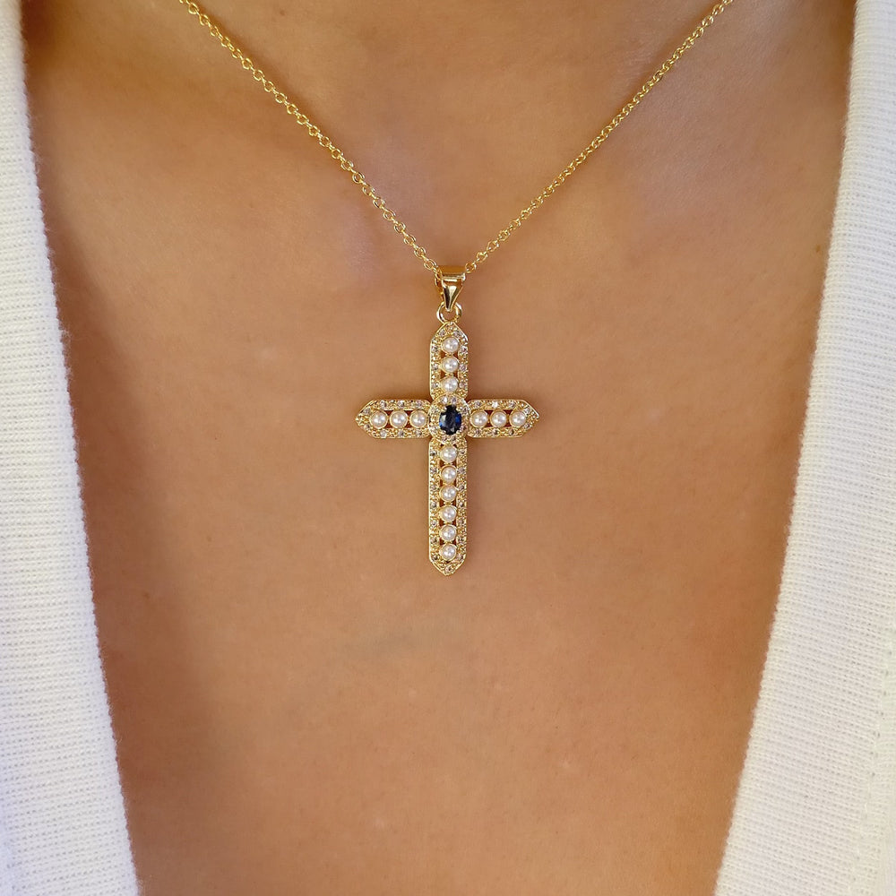 Lena Pearl Cross Necklace