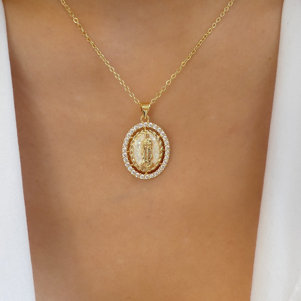Iridescent Mary Crystal Coin Necklace