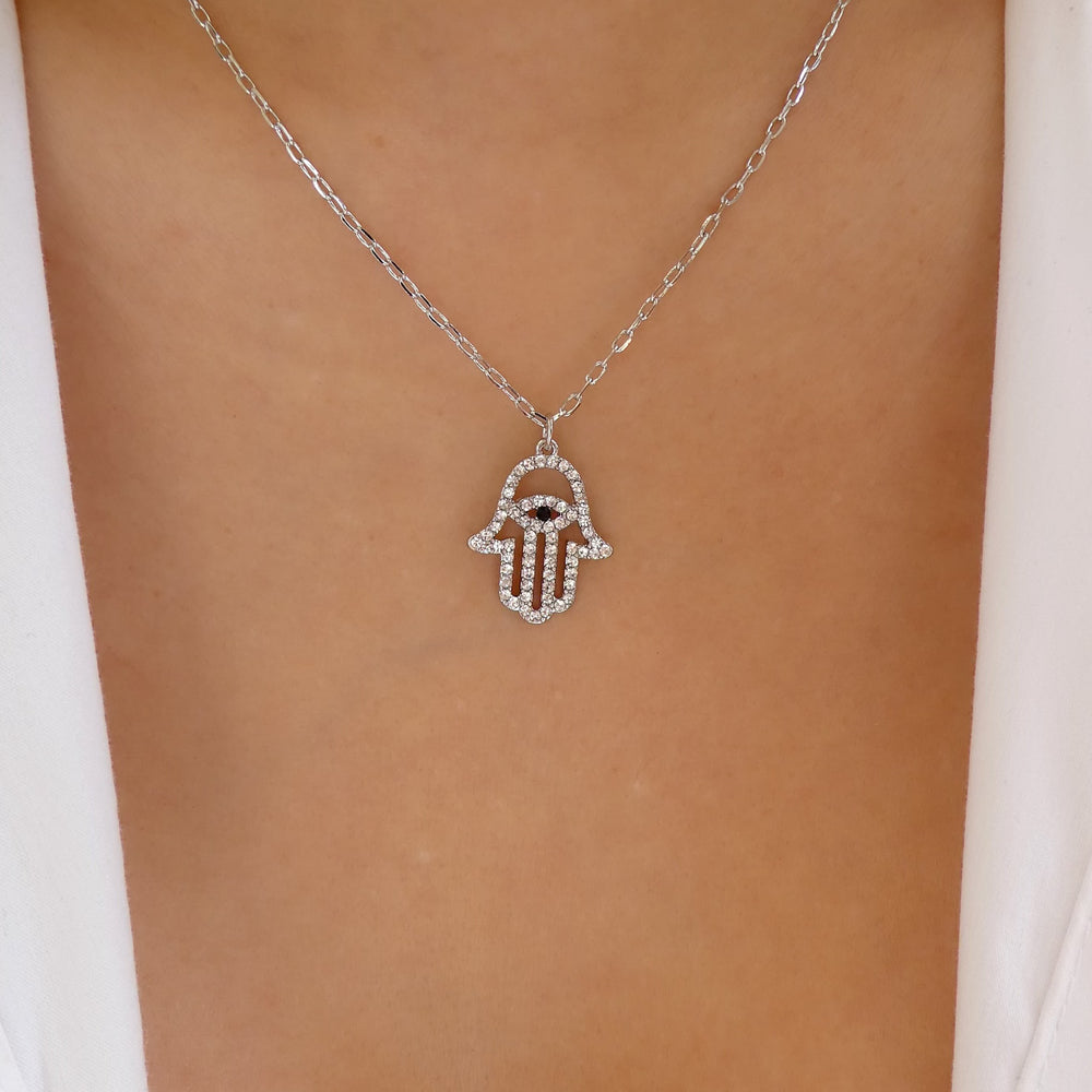 Silver Crystal Hamsa Necklace