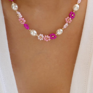 Amber Flower & Pearl Necklace (Pink)