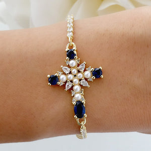 Blue & Pearl Cross Bracelet