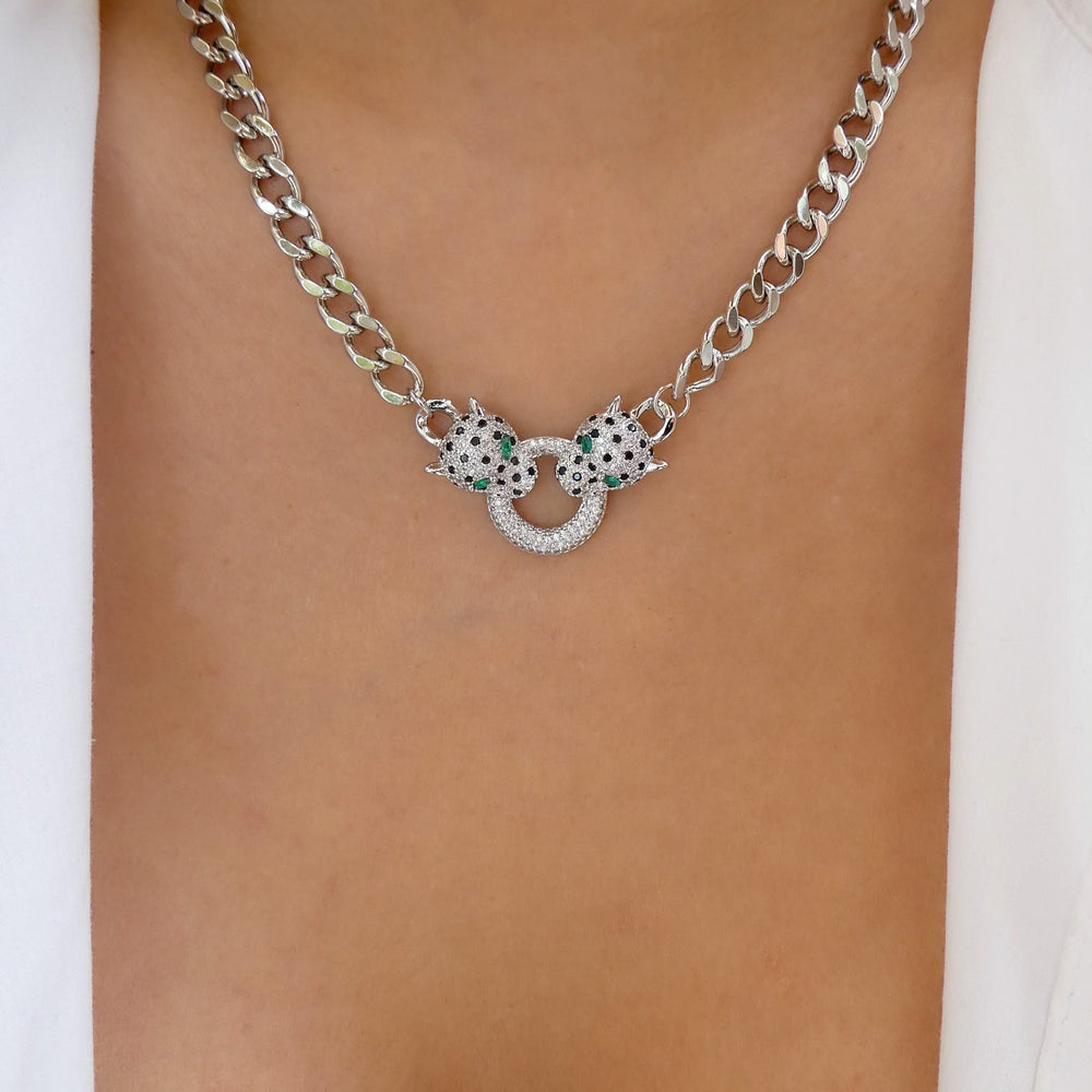 Emerald Panther & Chain Necklace (Silver) Love Stylize