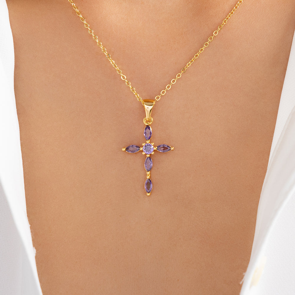 Crystal Brooklyn Cross Necklace (Purple)