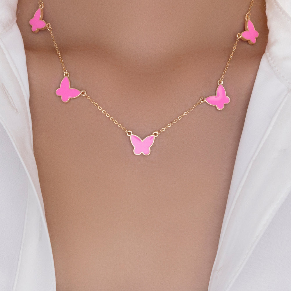 Butterfly Row Necklace (Pink)