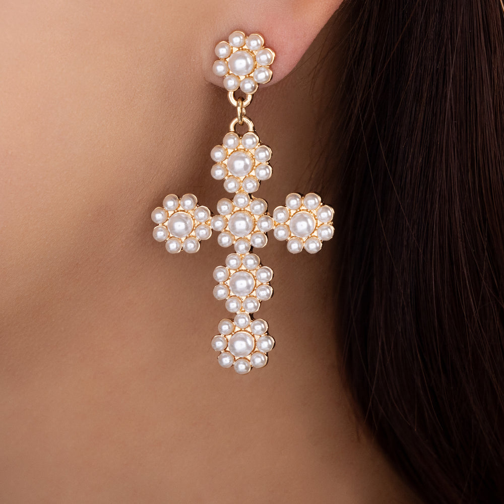 Maya Pearl Cross Earrings
