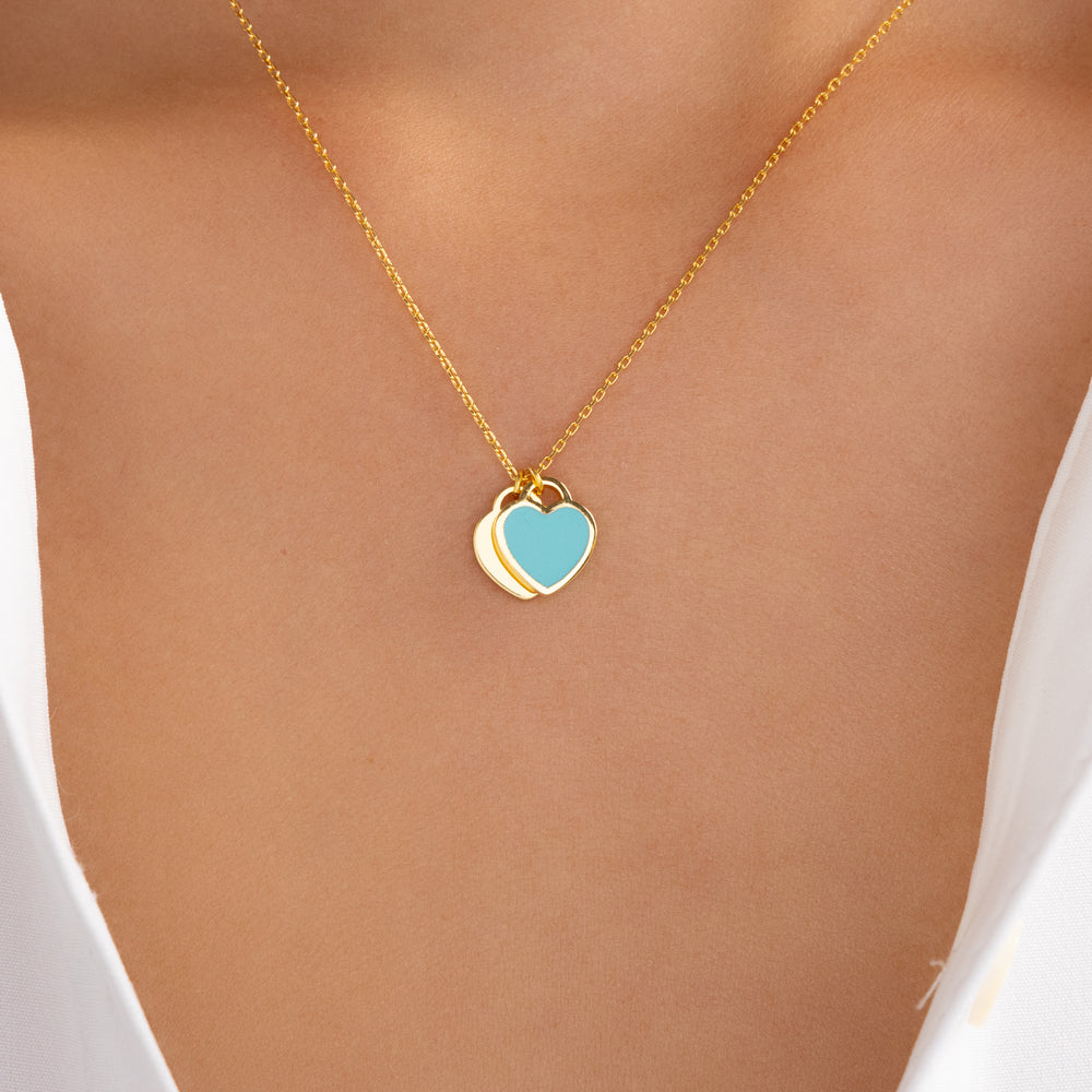 Simple Double Heart Necklace (Turquoise)