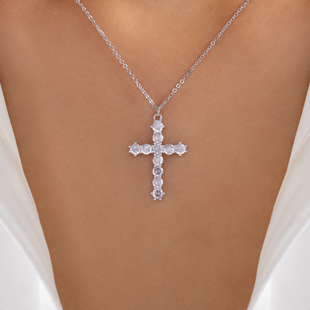 Crystal Jordan Cross Necklace (Silver)