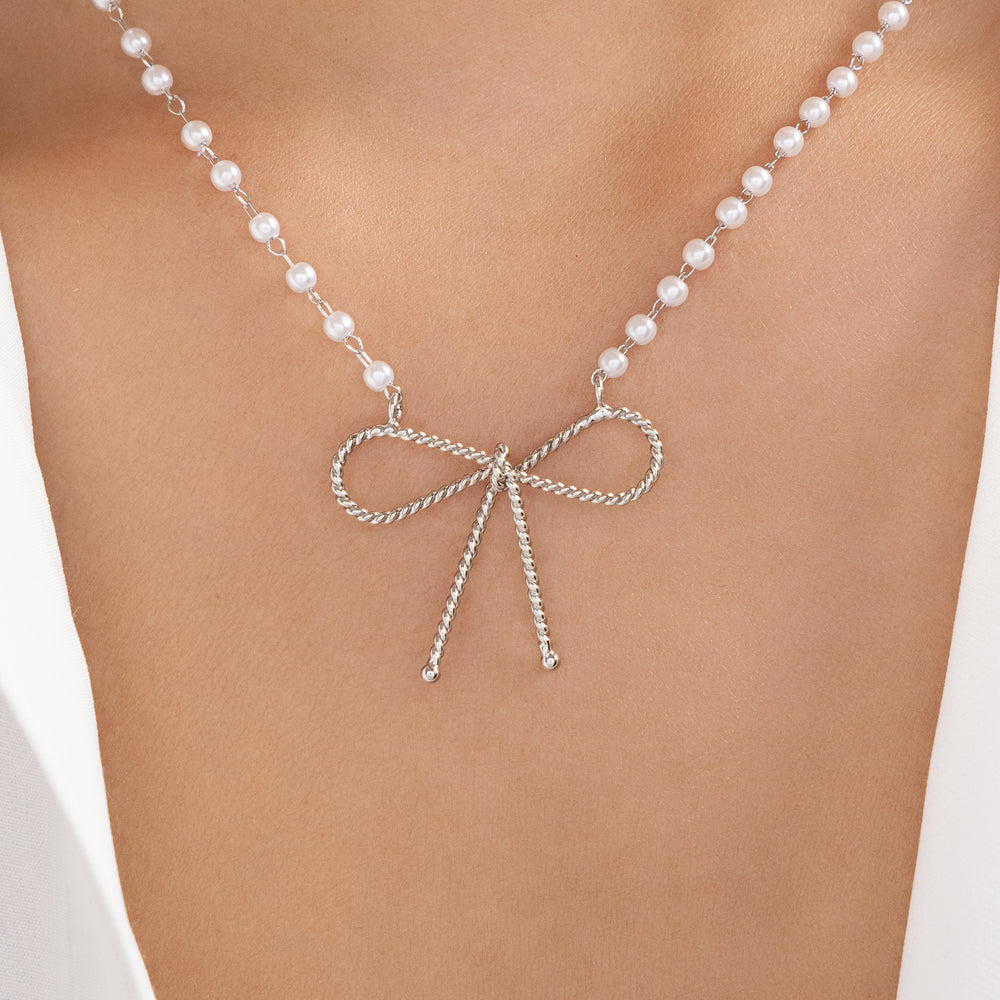 Pearl & Bow Necklace (Silver)