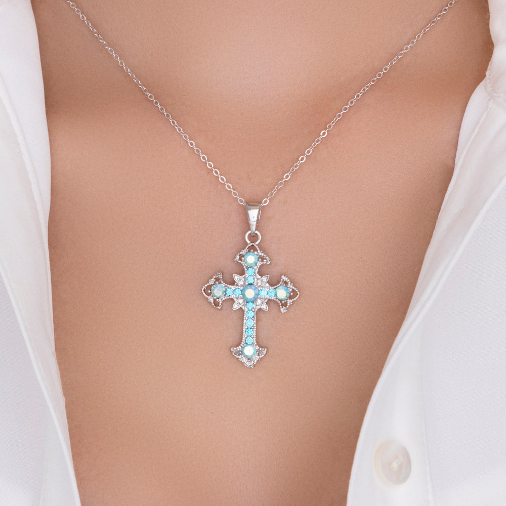 Silver Iridescent Cross Necklace (Blue)