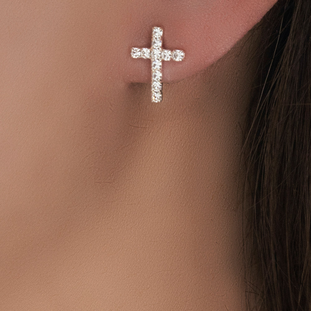Mini Crystal Cross Earrings (Silver)