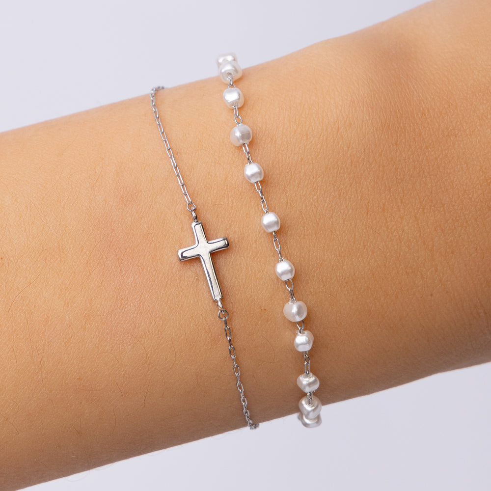 Julia Pearl Cross Bracelet (Silver)
