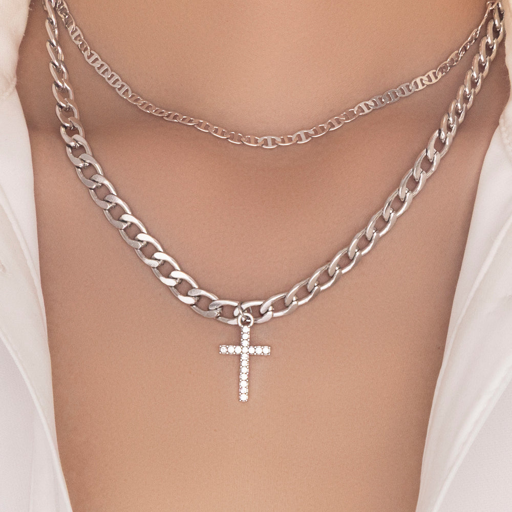Mabel Crystal Cross Necklace (Silver)