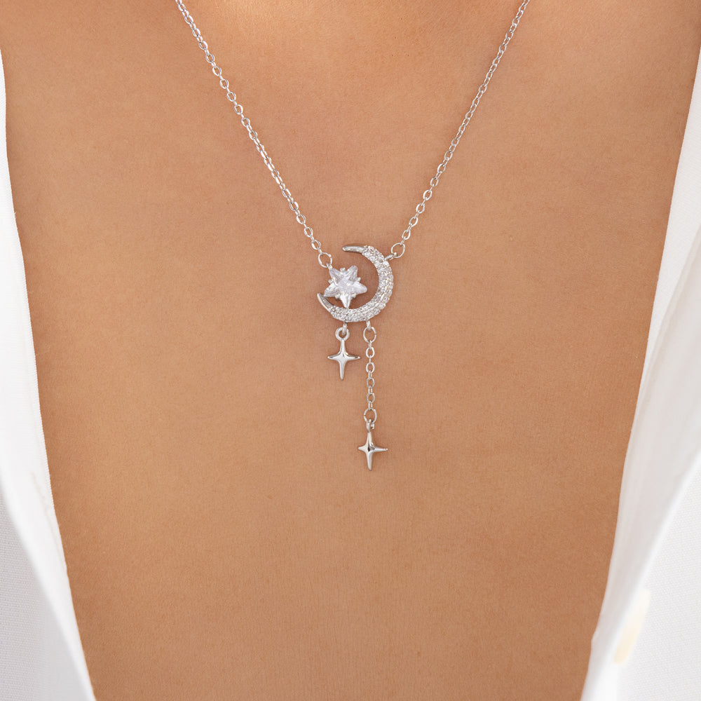 Moon & Star Drop Necklace (Silver)