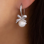 Bow & Pearl Drop Earrings (Silver)