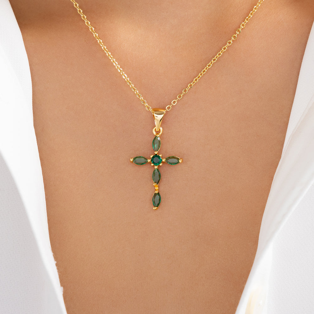 Crystal Brooklyn Cross Necklace (Emerald)