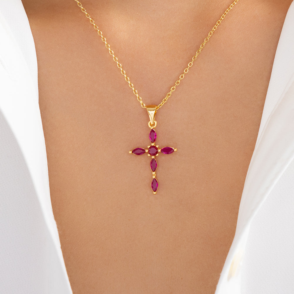 Crystal Brooklyn Cross Necklace (Red/Pink)