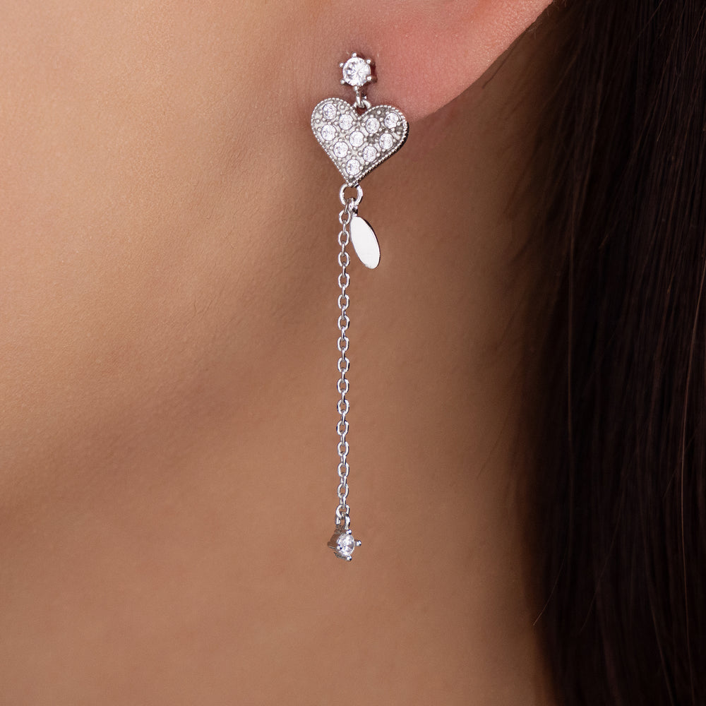 Crystal Heart Drop Earrings (Silver)