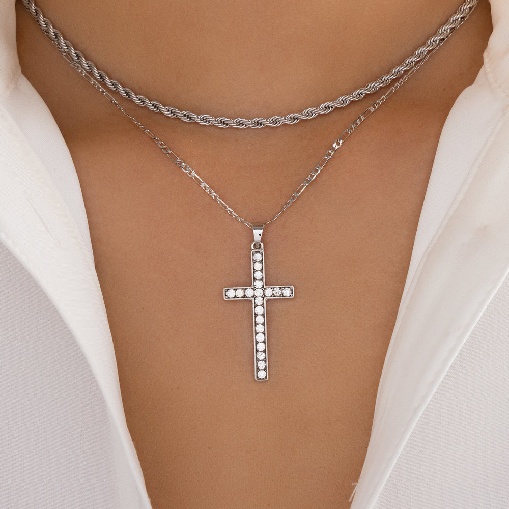 Crystal Cross & Link Necklace (Silver)
