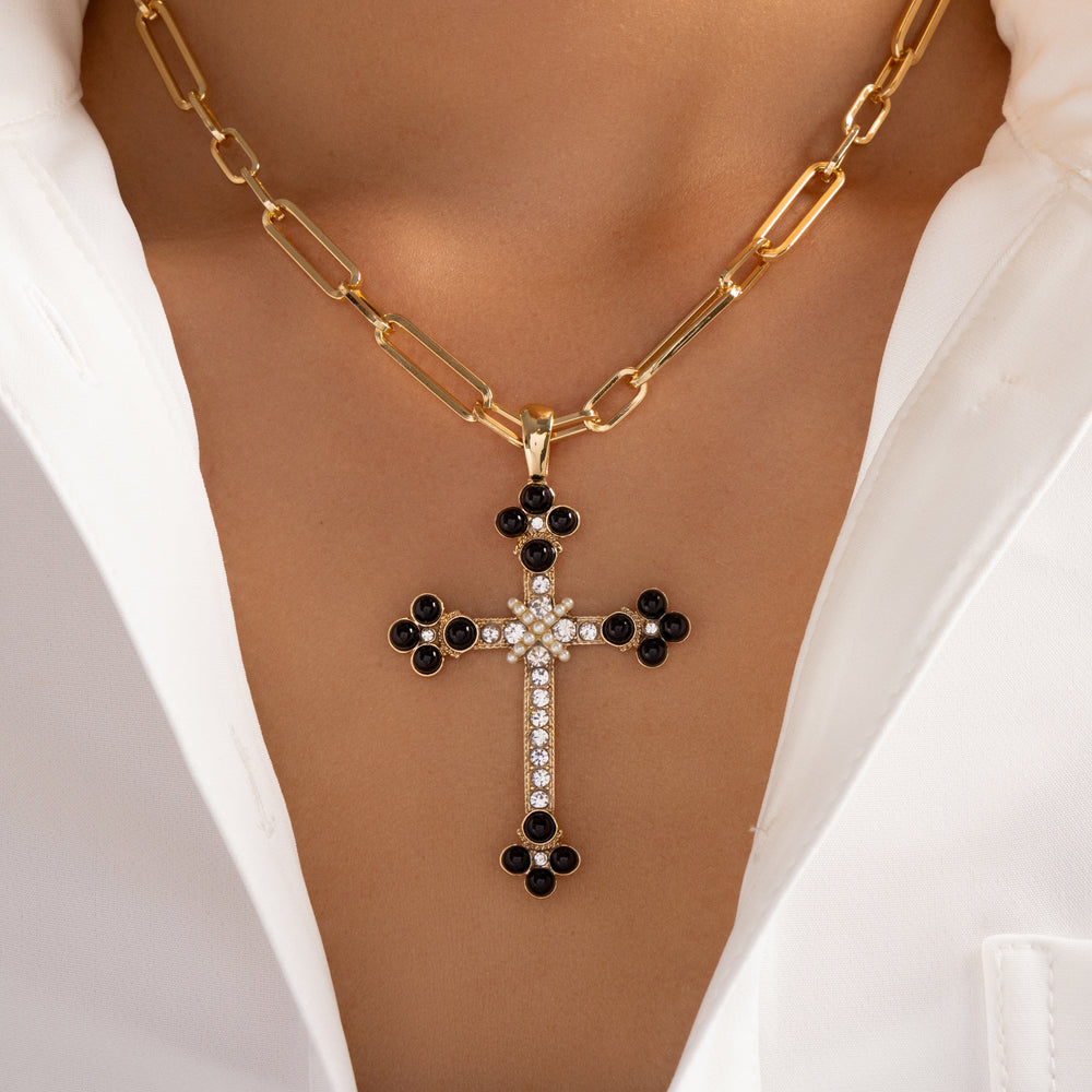 Dina Pearl Cross Necklace (Black)