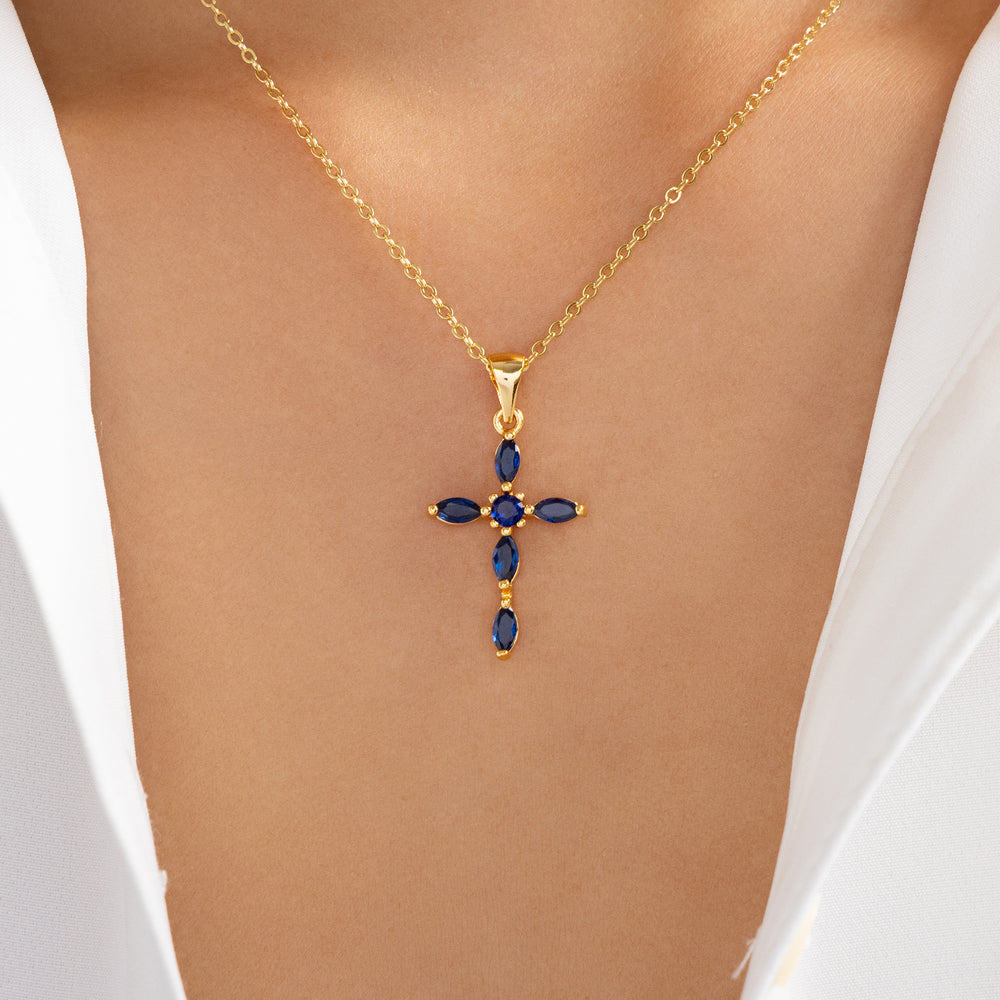 Crystal Brooklyn Cross Necklace (Blue)