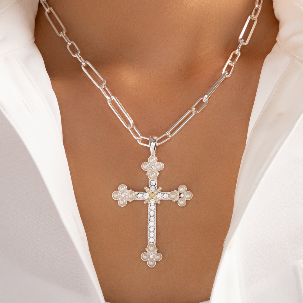 Dina Pearl Cross Necklace (Silver)