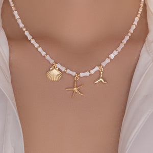 White Bead & Shell Charm Necklace