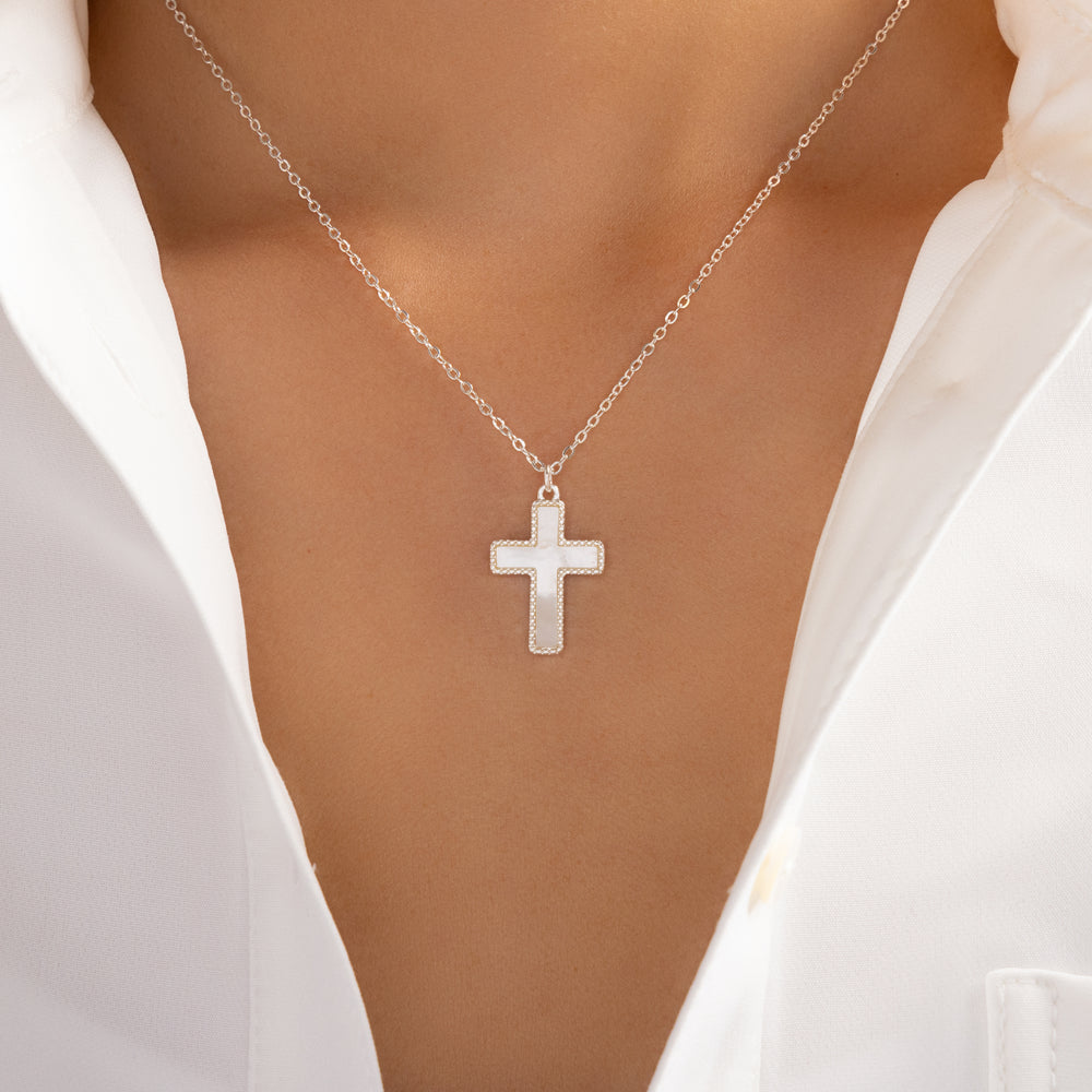 Classic White Cross Necklace (Silver)