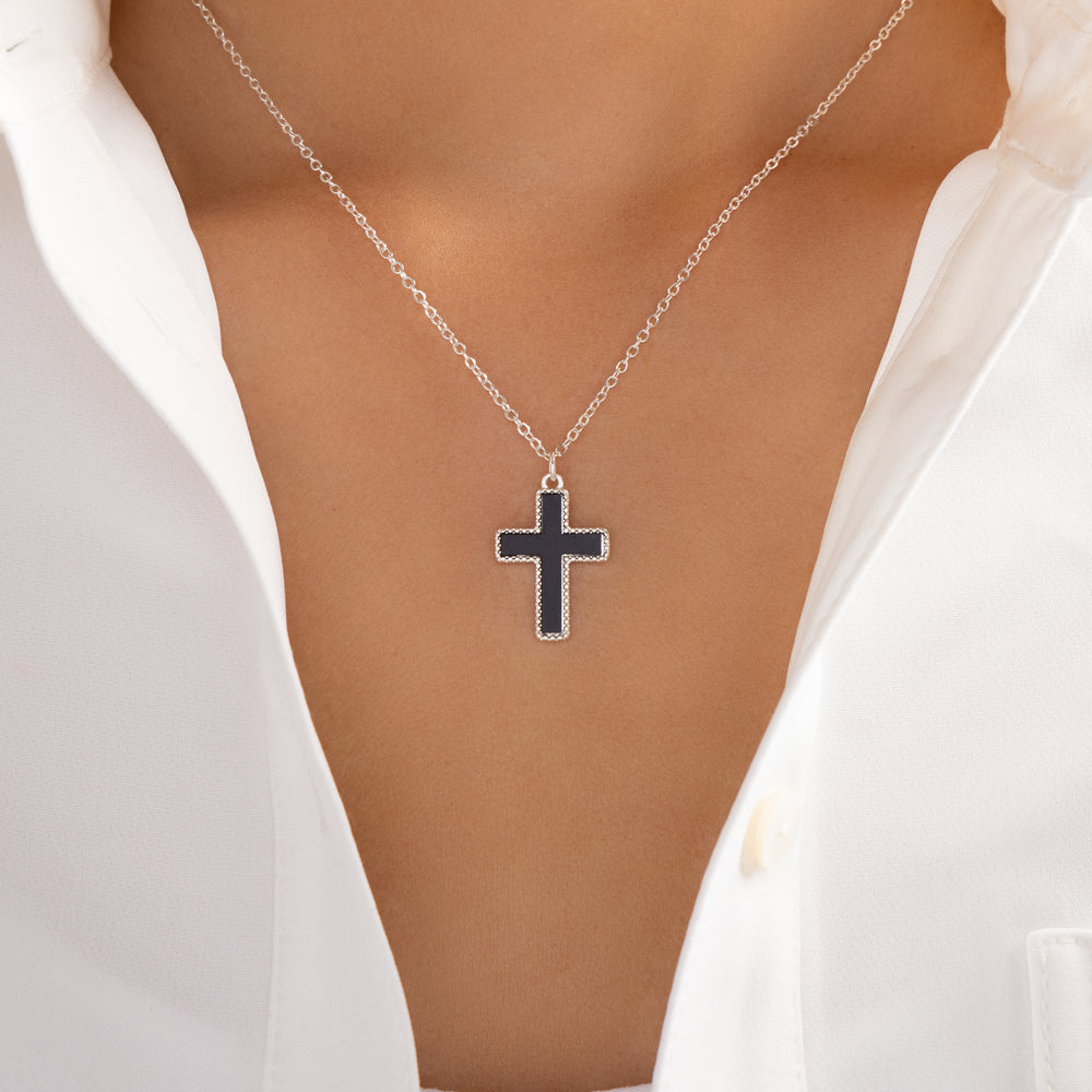 Classic Black Cross Necklace (Silver)