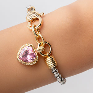 Silver & Gold Pink Heart Bracelet