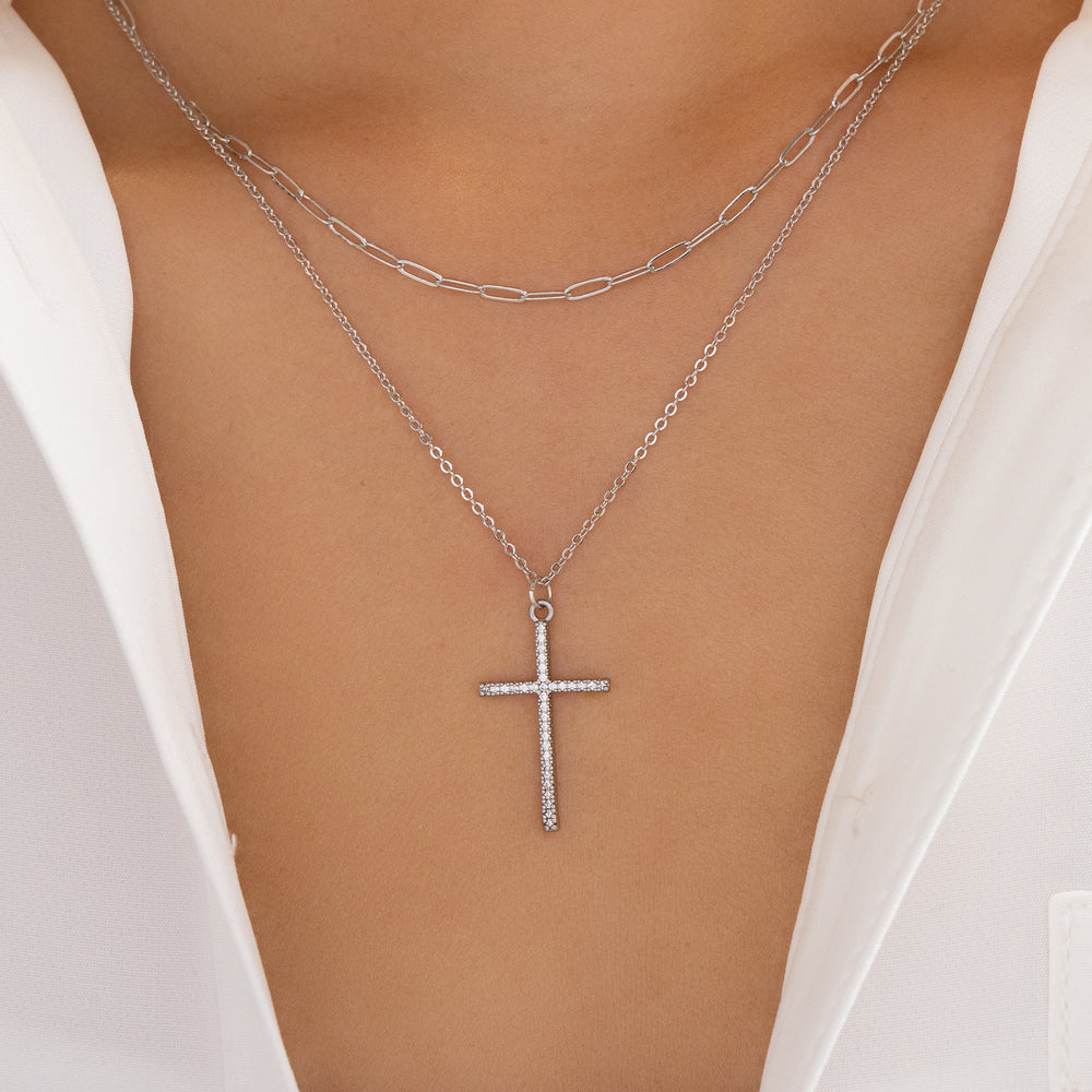 Crystal Cross Link Necklace (Silver)