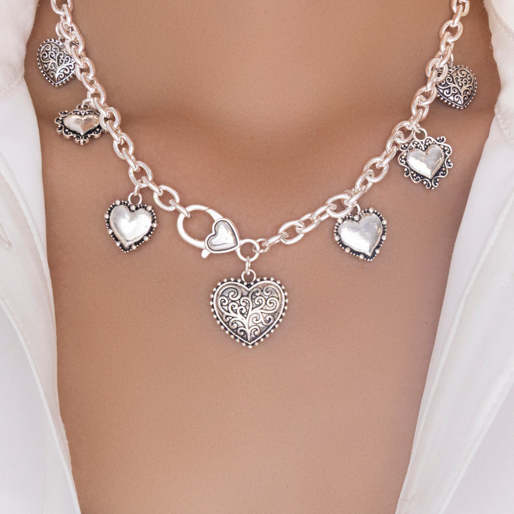 Silver Multi Heart Charm Necklace