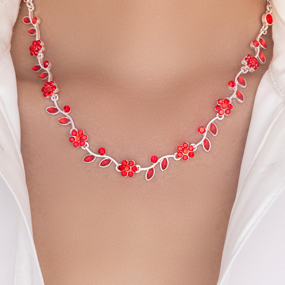 Silver Crystal Flower Vine Necklace (Red)