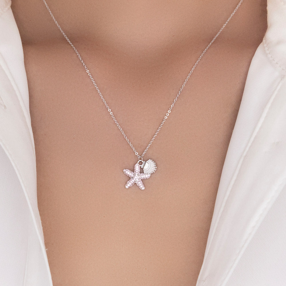 Pink Crystal Starfish Necklace (Silver)