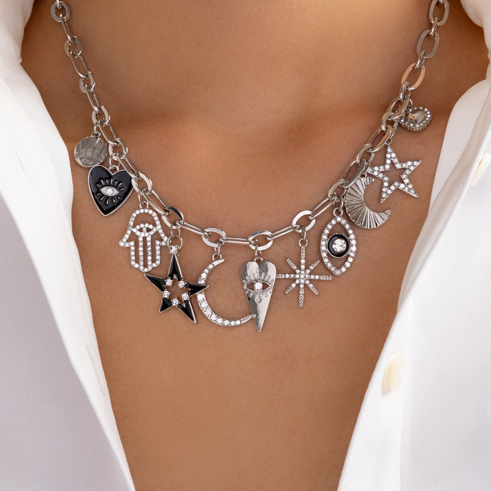 Hamsa & Eye Charm Necklace (Silver)
