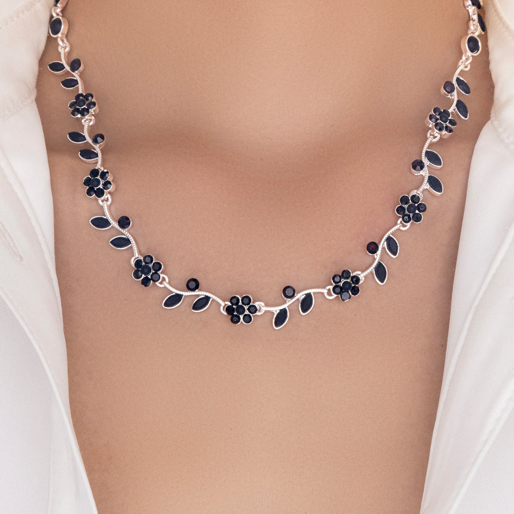 Silver Crystal Flower Vine Necklace (Black)