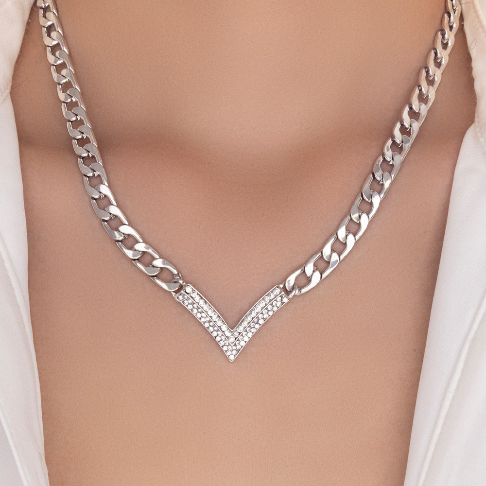 Crystal V Link Necklace (Silver)