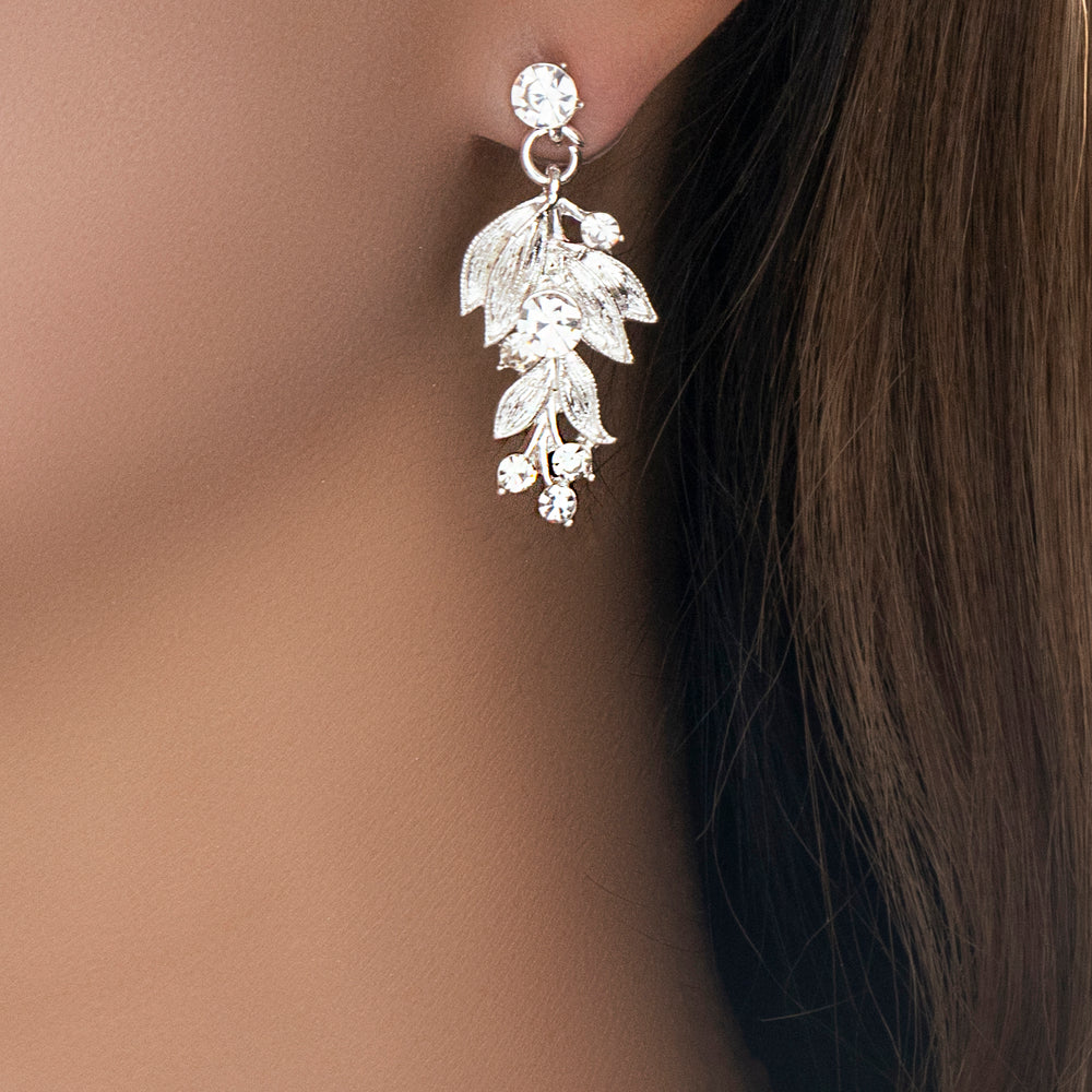 Silver Crystal Leaf Earrings
