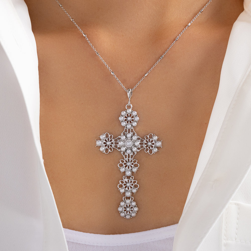 Silver Oakley Pearl  Cross Necklace