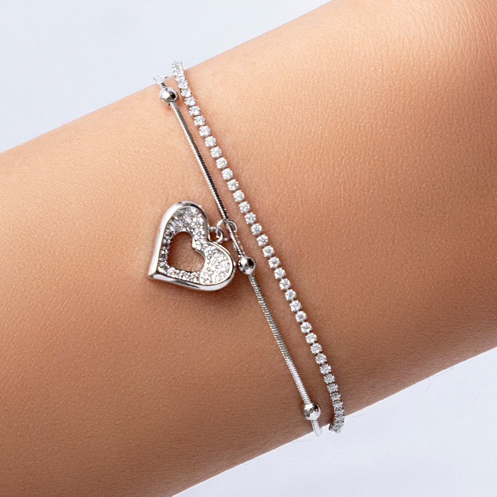 Crystal Heart Charm Bracelet (Silver)