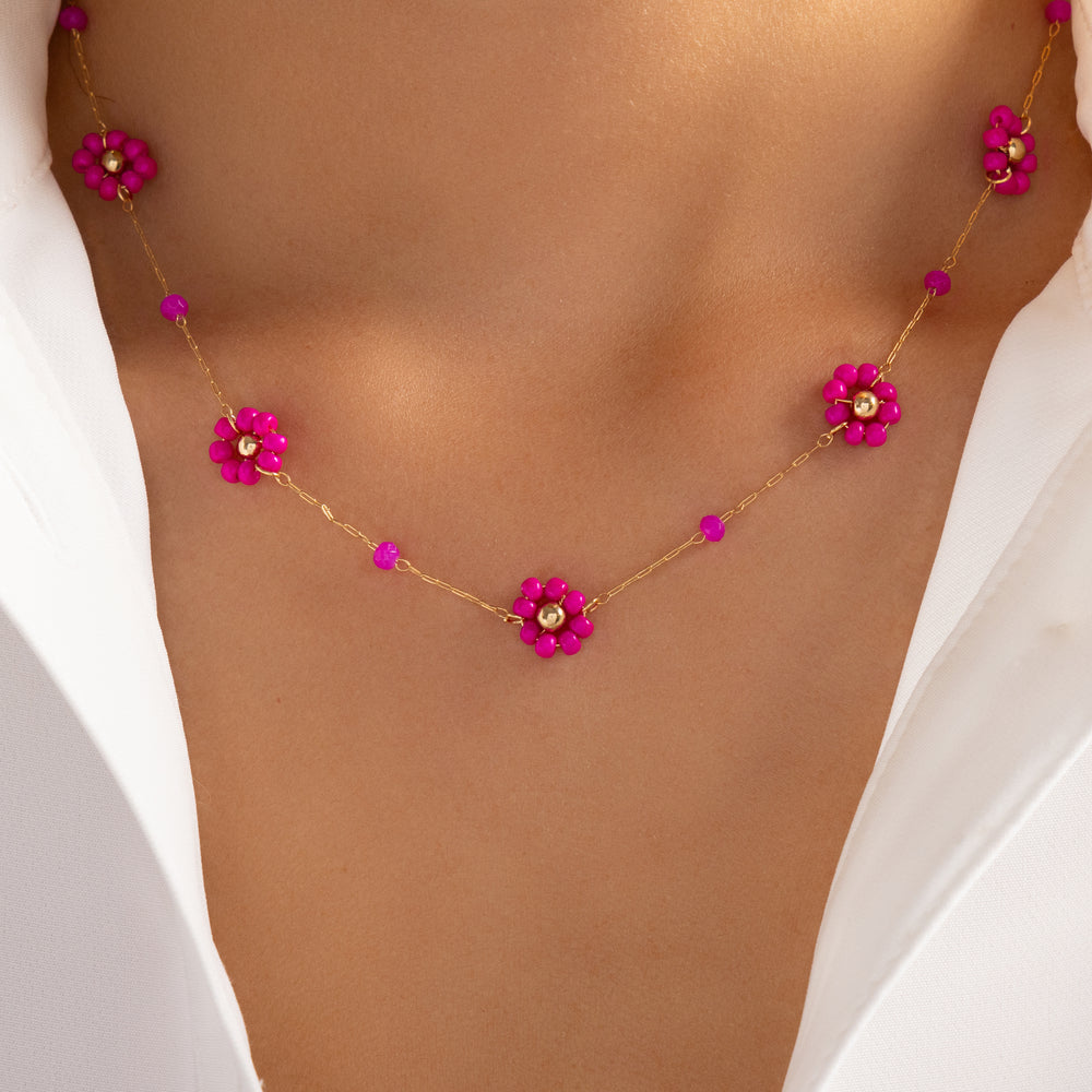 Daisy Bead Necklace (Hot Pink)