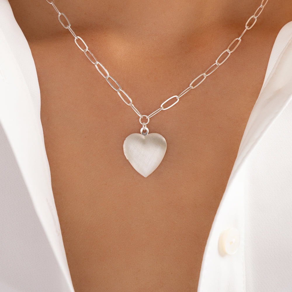 Matte Heart Locket Necklace (Silver)