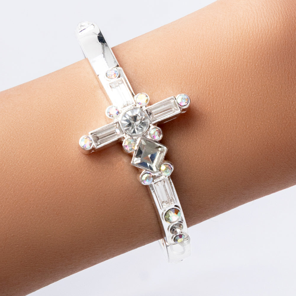 Silver Iridescent Crystal Cross Bracelet