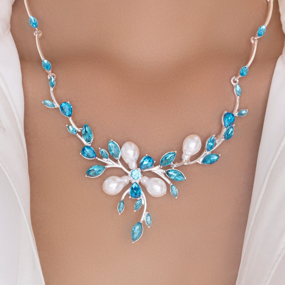 Silver Crystal Leslie Pearl Necklace (Turquoise)