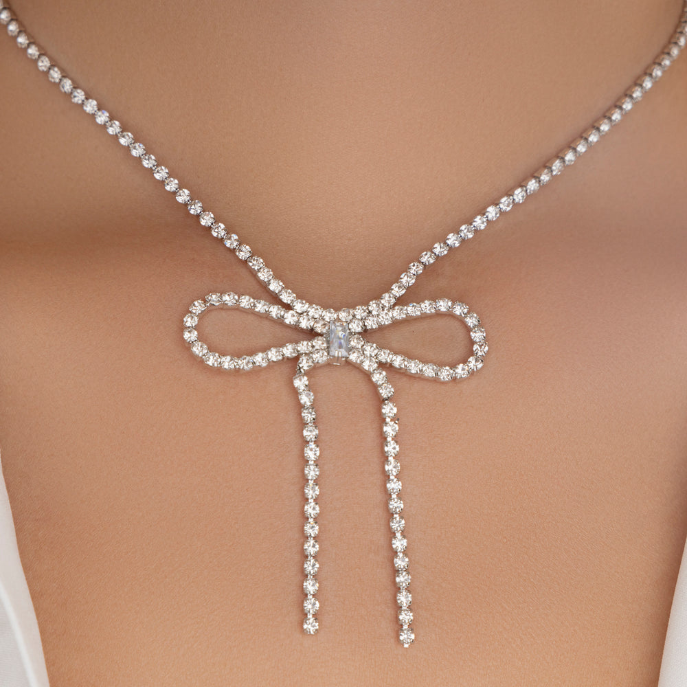 Crystal Yolanda Bow Necklace (Silver)