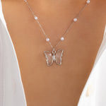 Butterfly & Pearl Necklace (Silver)
