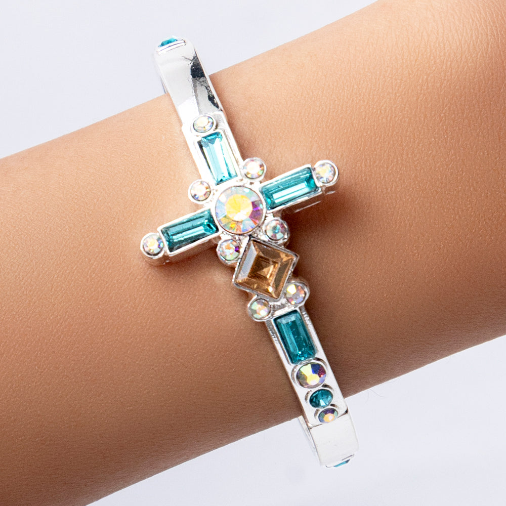 Silver Iridescent Crystal Cross Bracelet (Turquoise)