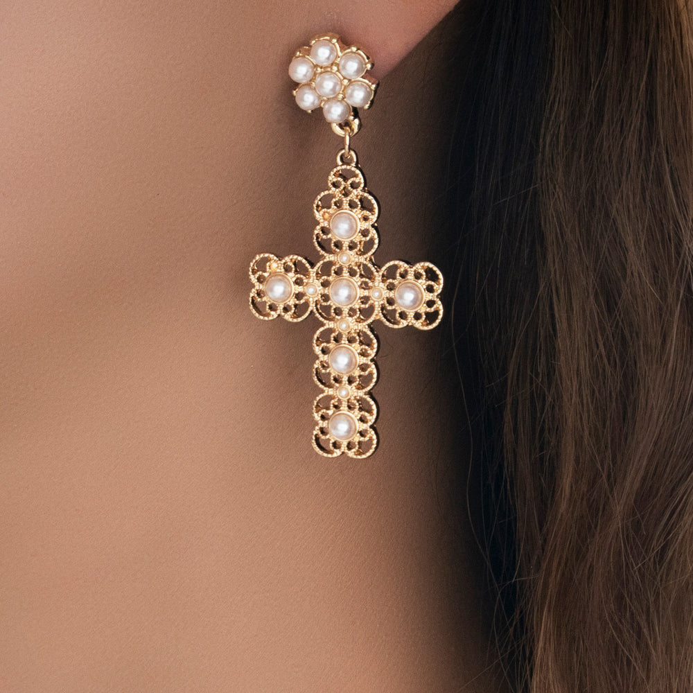 Colette Pearl Cross Earrings